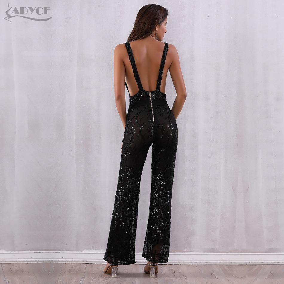 ADYCE Sequined Sexy Deep V Neck Bodysuit Patchwork Mesh Sleeveless Celebrity Party Long Jumpsuit - Y2440