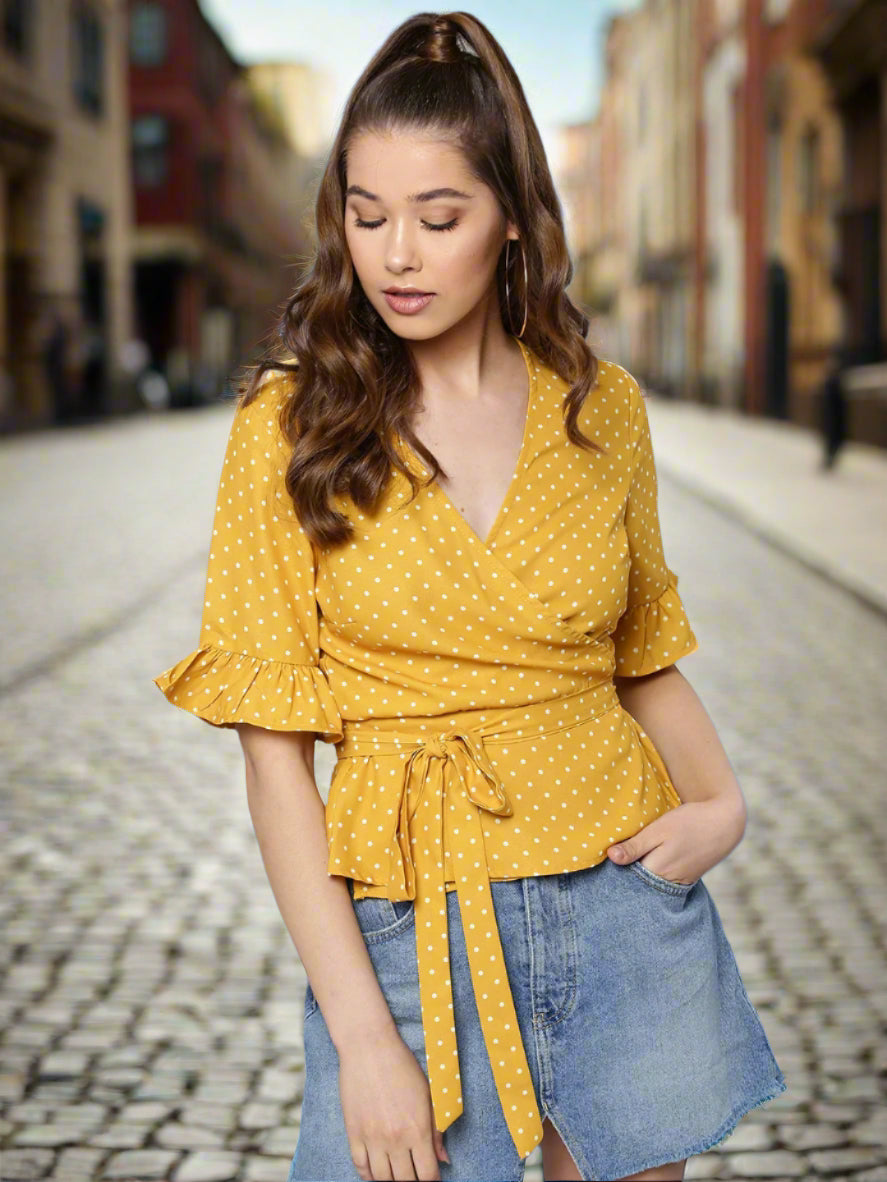 Harpa Women Mustard Yellow Polka Dot Print Wrap Top