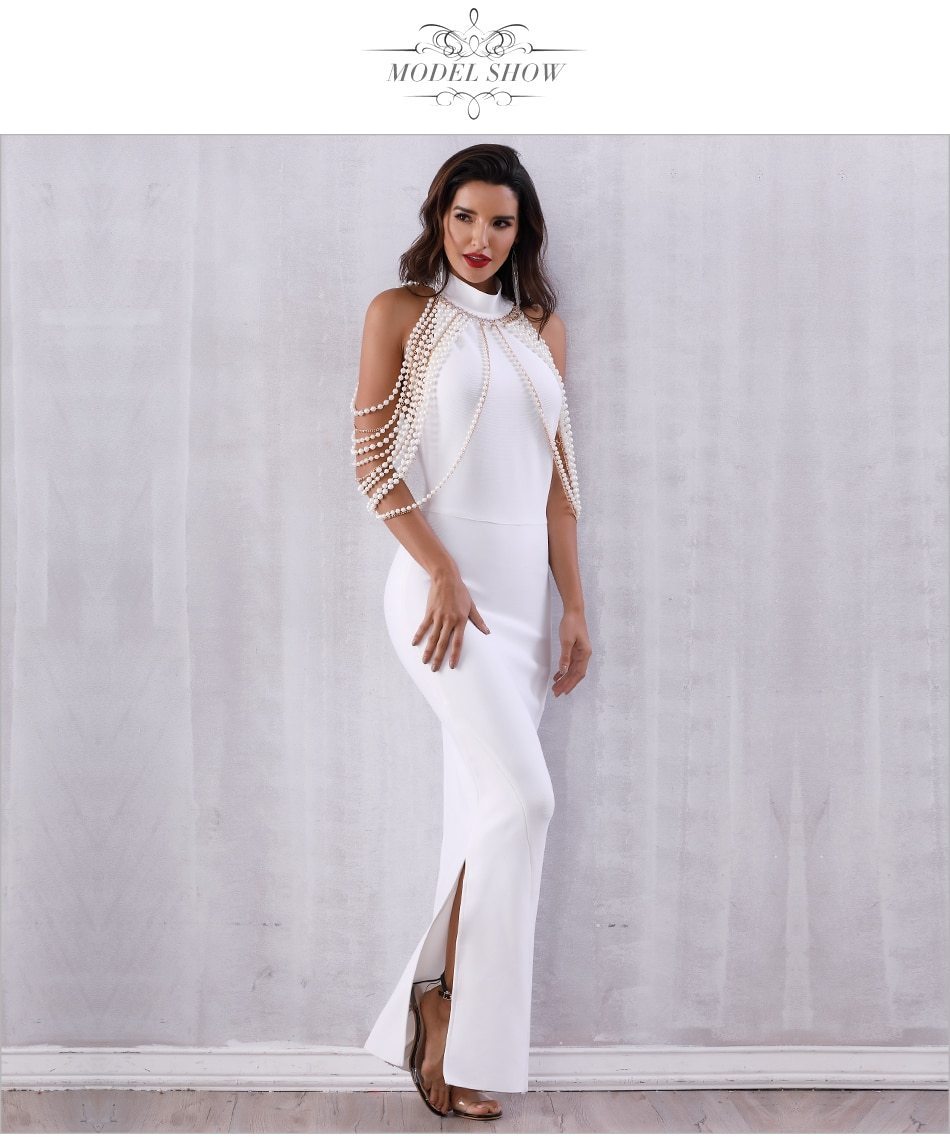 ADYCE Bandage Elegant Long Pearls Chain Bead Backless & Sleeveless Evening Maxi Party Dress - Y2678