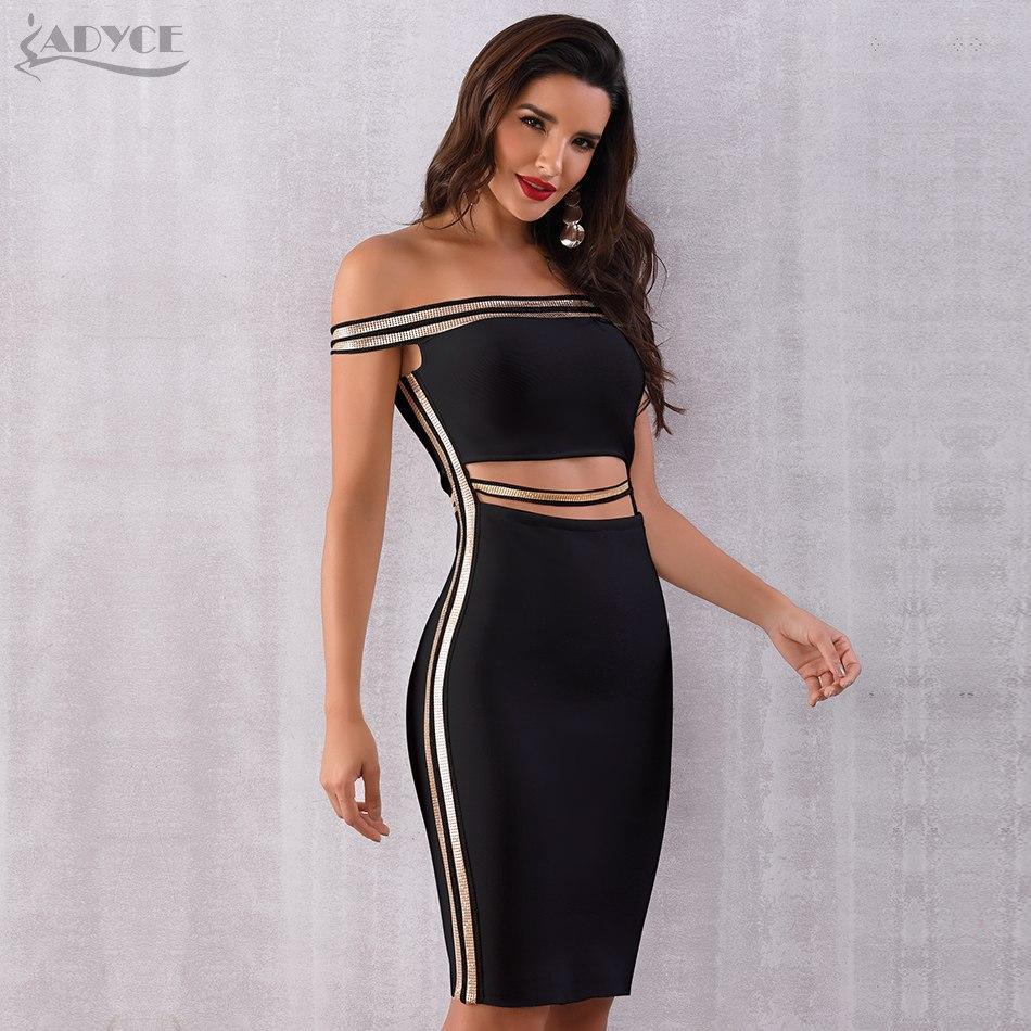 ADYCE Sexy Slash Neck Sequined Hollow Out Midi Off Shoulder Bandage Party Dress - H5223, Black / S, Black / M, Black / L