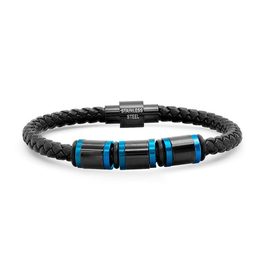 Bracelet en cuir tressé et acier inoxydable - Noir