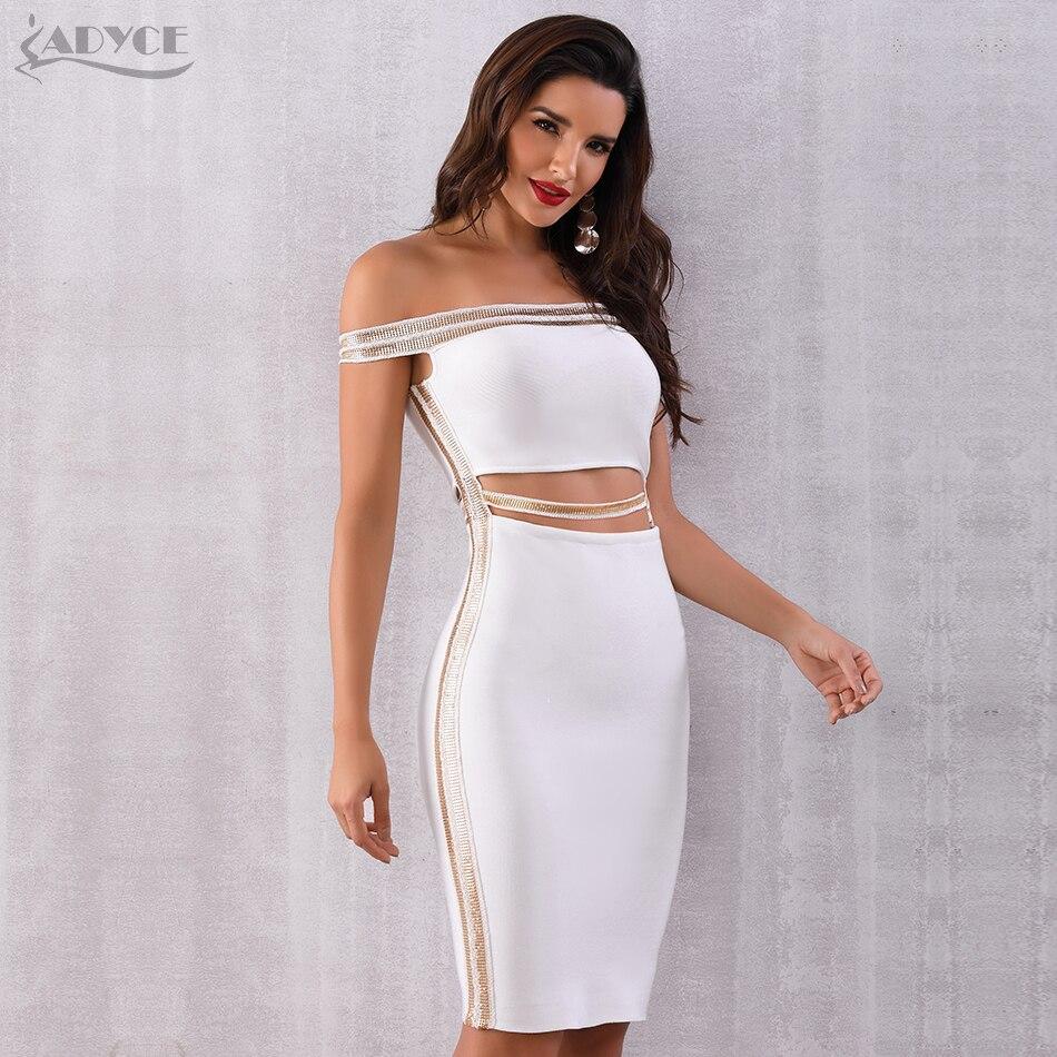 ADYCE Sexy Slash Neck Sequined Hollow Out Midi Off Shoulder Bandage Party Dress - H5223, White / S, White / M, White / L