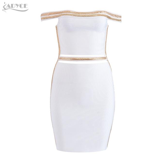 ADYCE Sexy Slash Neck Sequined Hollow Out Midi Off Shoulder Bandage Party Dress - H5223, White / S, White / M, White / L