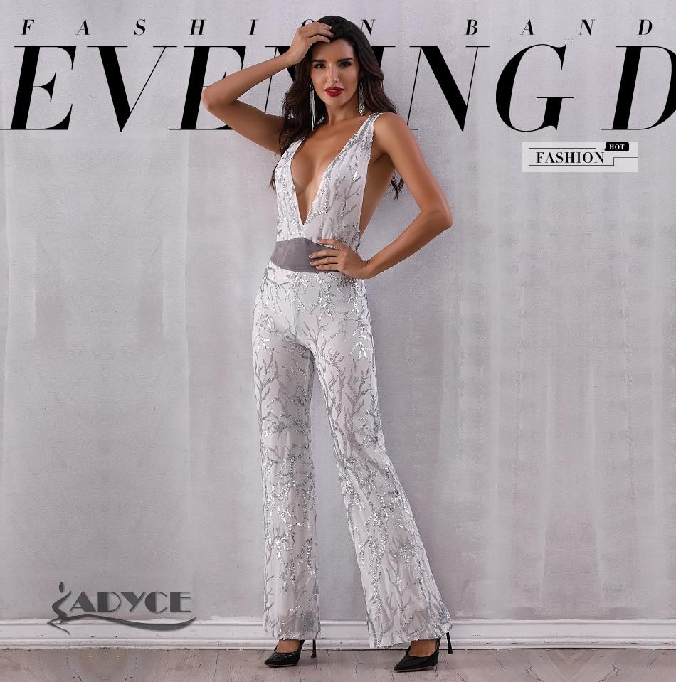 ADYCE Sequined Sexy Deep V Neck Bodysuit Patchwork Mesh Sleeveless Celebrity Party Long Jumpsuit - Y2440