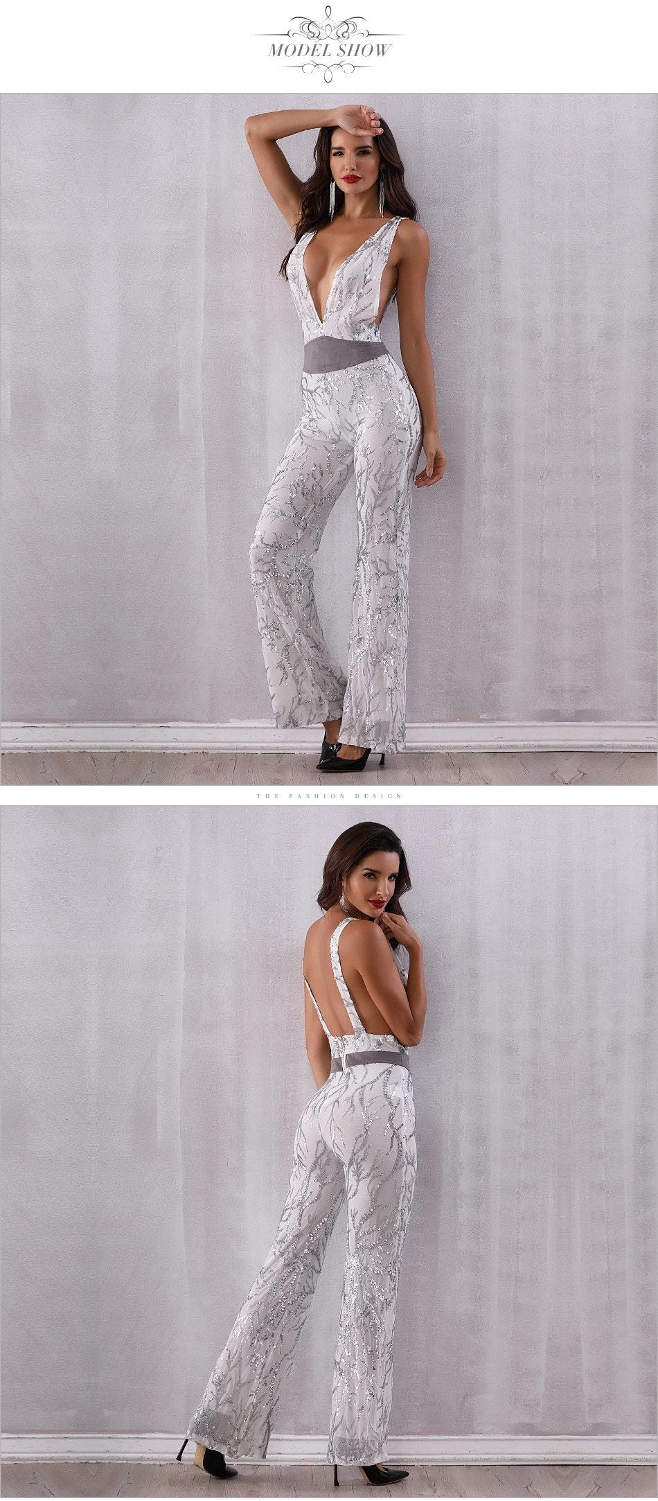 ADYCE Sequined Sexy Deep V Neck Bodysuit Patchwork Mesh Sleeveless Celebrity Party Long Jumpsuit - Y2440