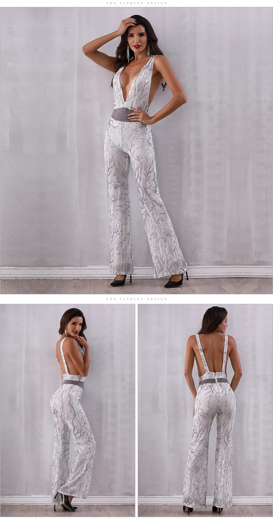 ADYCE Sequined Sexy Deep V Neck Bodysuit Patchwork Mesh Sleeveless Celebrity Party Long Jumpsuit - Y2440