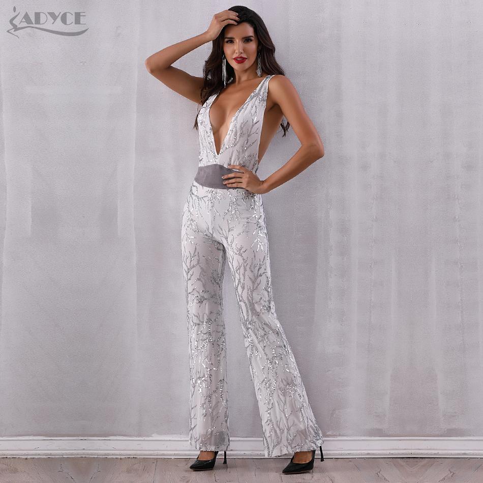ADYCE Sequined Sexy Deep V Neck Bodysuit Patchwork Mesh Sleeveless Celebrity Party Long Jumpsuit - Y2440