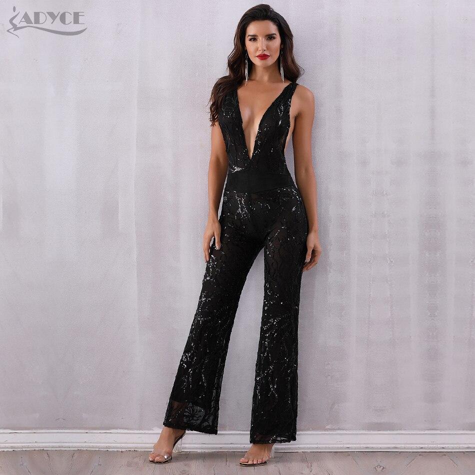ADYCE Sequined Sexy Deep V Neck Bodysuit Patchwork Mesh Sleeveless Celebrity Party Long Jumpsuit - Y2440